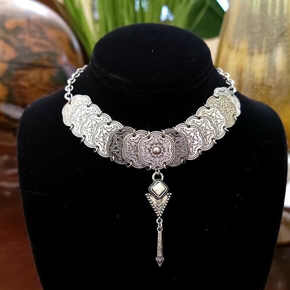 Vintage Silver Statement Choker Necklace Ornate Etched Plates with Pendant Drop - Picture 2 of 10